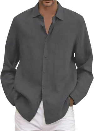 Cotton Linen Shirts for Men Long Sleeve Button Down Shirts Summer Beach Shirts Loose Fit Casual Shirts Vacation Tops