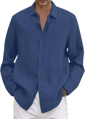 Cotton Linen Shirts for Men Long Sleeve Button Down Shirts Summer Beach Shirts Loose Fit Casual Shirts Vacation Tops