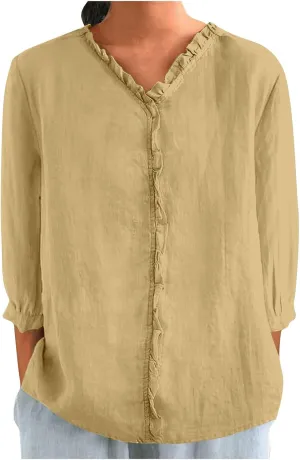 Cotton Linen Shirts for Women Long Sleeve Ruffle Collar Blouse Summer Tops Loose Lightweight Flowy Beach Outfits 2025