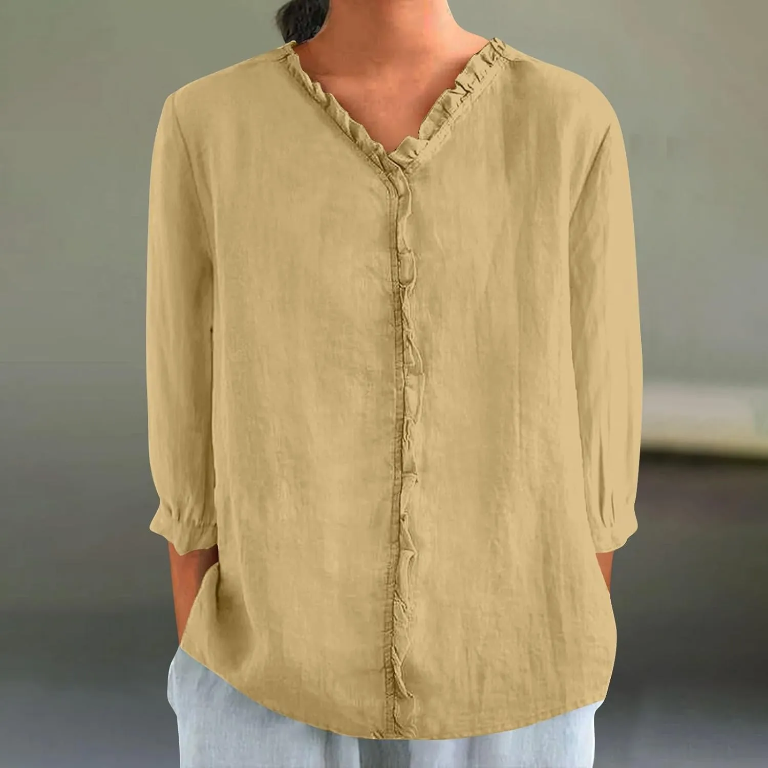 Cotton Linen Shirts for Women Long Sleeve Ruffle Collar Blouse Summer Tops Loose Lightweight Flowy Beach Outfits 2025