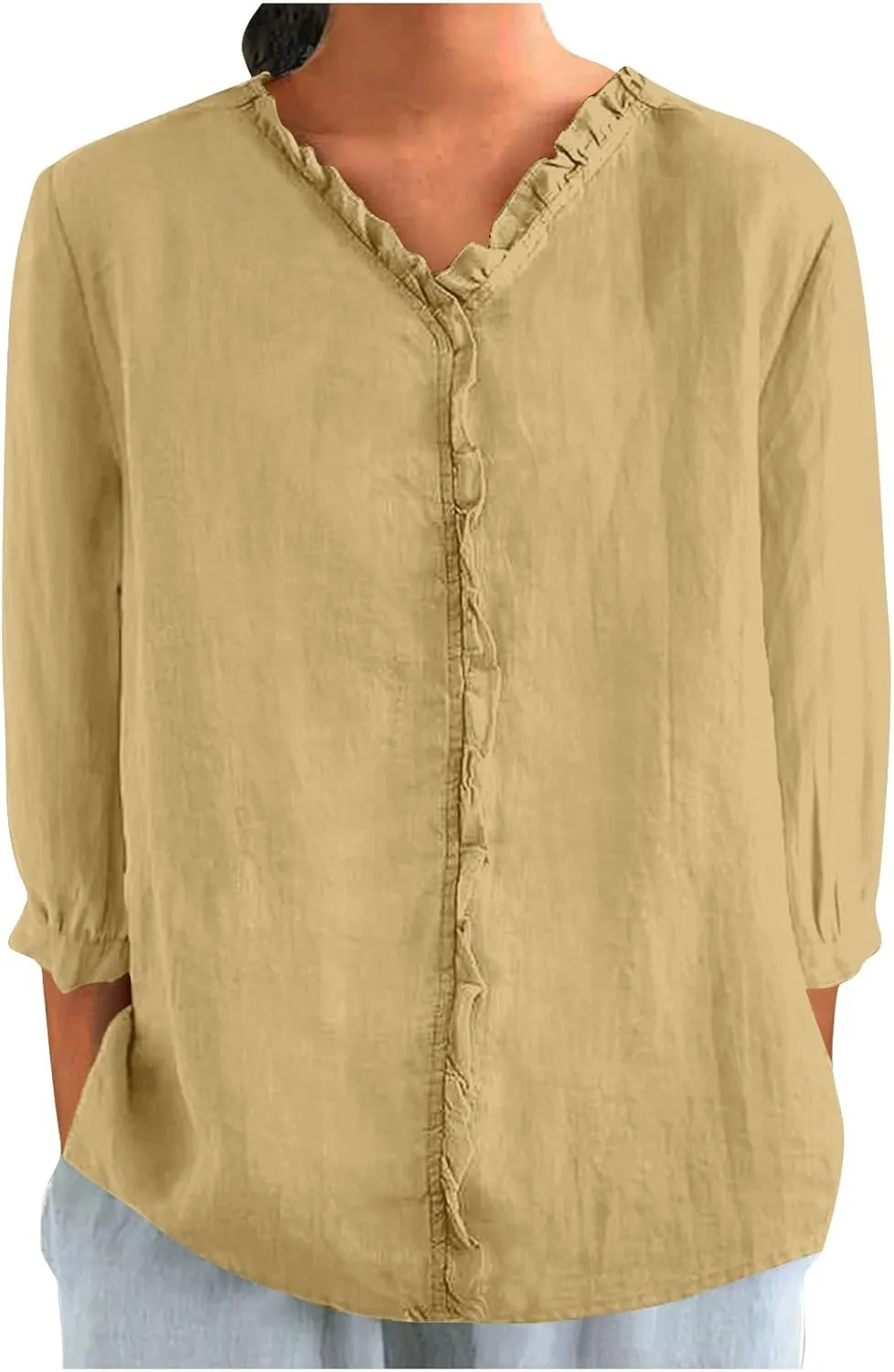 Cotton Linen Shirts for Women Long Sleeve Ruffle Collar Blouse Summer Tops Loose Lightweight Flowy Beach Outfits 2025