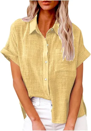 Cotton Linen Shirts for Women Short Sleeve Button Down Casual Loose Gauze Tops Ladies Summer Beach Blouse