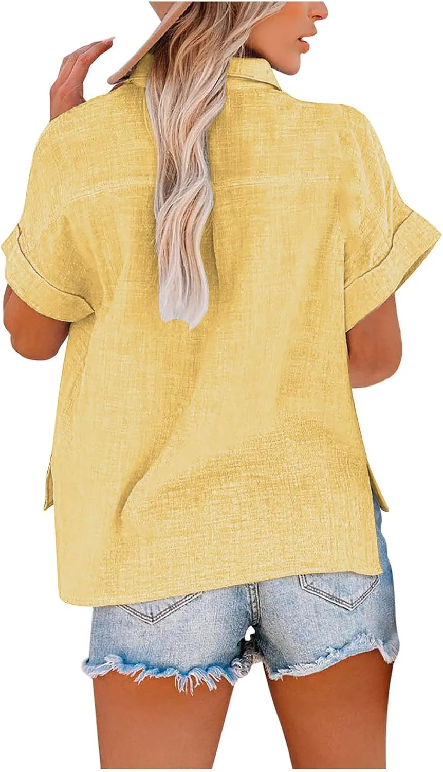 Cotton Linen Shirts for Women Short Sleeve Button Down Casual Loose Gauze Tops Ladies Summer Beach Blouse