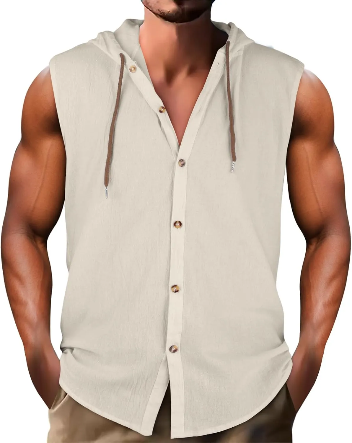 Cotton Linen Sleeveless Hoodies for Men Summer Casual Lightweight Button Down Drawstring Workout Hooded Tank Tops