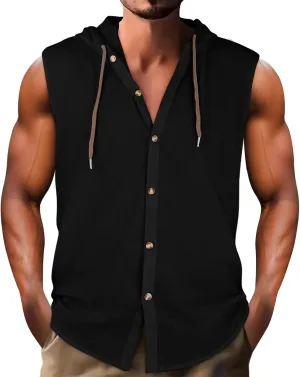 Cotton Linen Sleeveless Hoodies for Men Summer Casual Lightweight Button Down Drawstring Workout Hooded Tank Tops