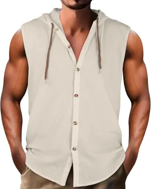 Cotton Linen Sleeveless Hoodies for Men Summer Casual Lightweight Button Down Drawstring Workout Hooded Tank Tops