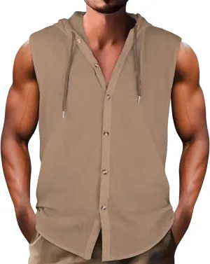 Cotton Linen Sleeveless Hoodies for Men Summer Casual Lightweight Button Down Drawstring Workout Hooded Tank Tops