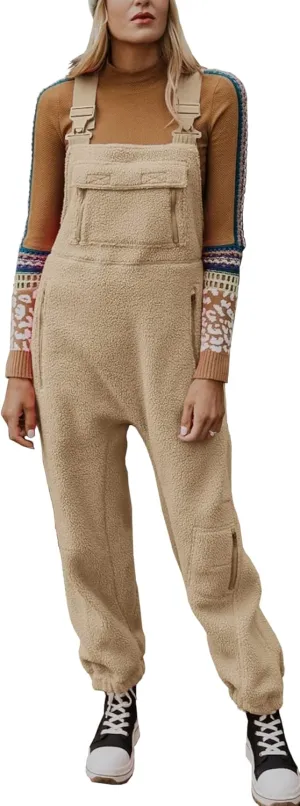 Ebifin Women's Fleece Warm Overalls Winter Loose Casual Jumpsuits with Pockets