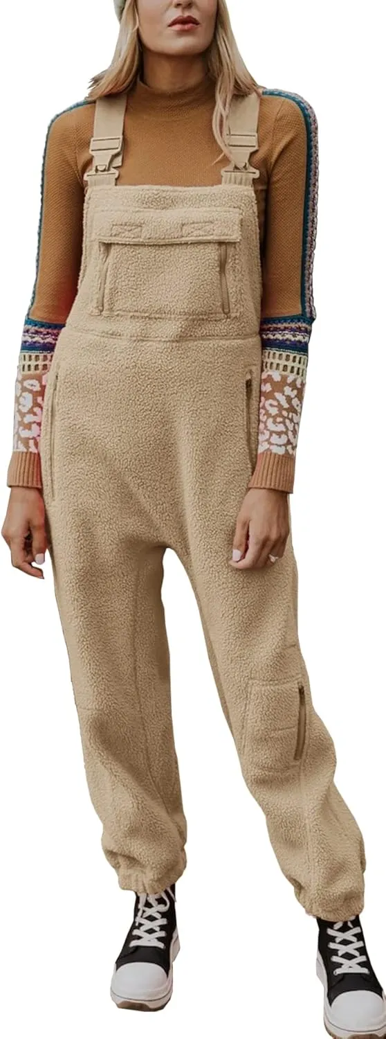 Ebifin Women's Fleece Warm Overalls Winter Loose Casual Jumpsuits with Pockets