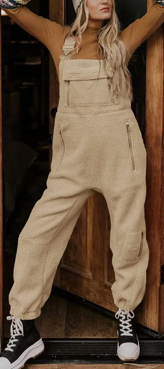 Ebifin Women's Fleece Warm Overalls Winter Loose Casual Jumpsuits with Pockets