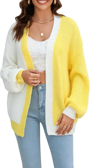 Fall Women's Cardigans Sweater Long Sleeve Cable Knitted Color Block Sweater Cardigans for Women with Pockets