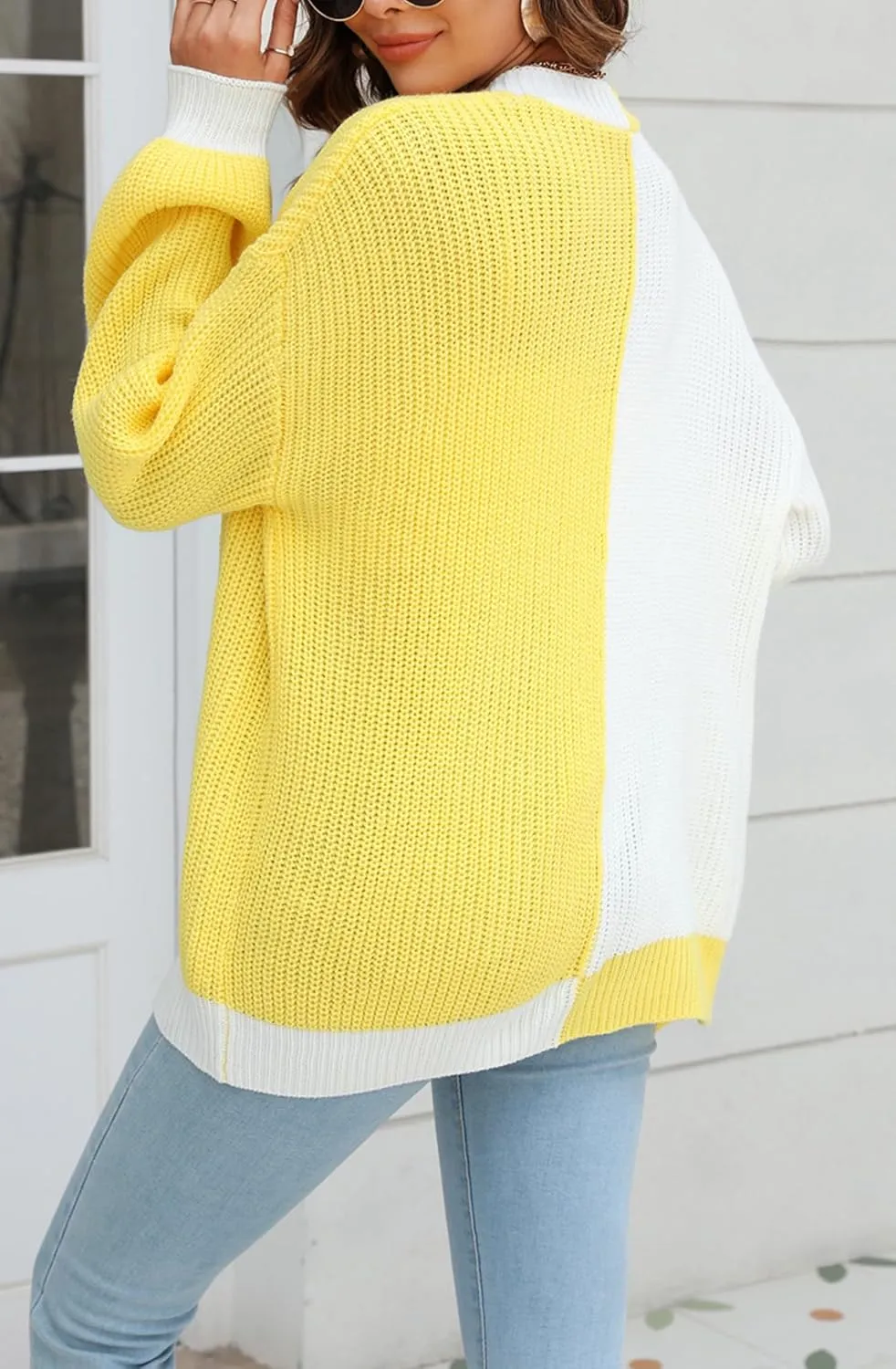 Fall Women's Cardigans Sweater Long Sleeve Cable Knitted Color Block Sweater Cardigans for Women with Pockets