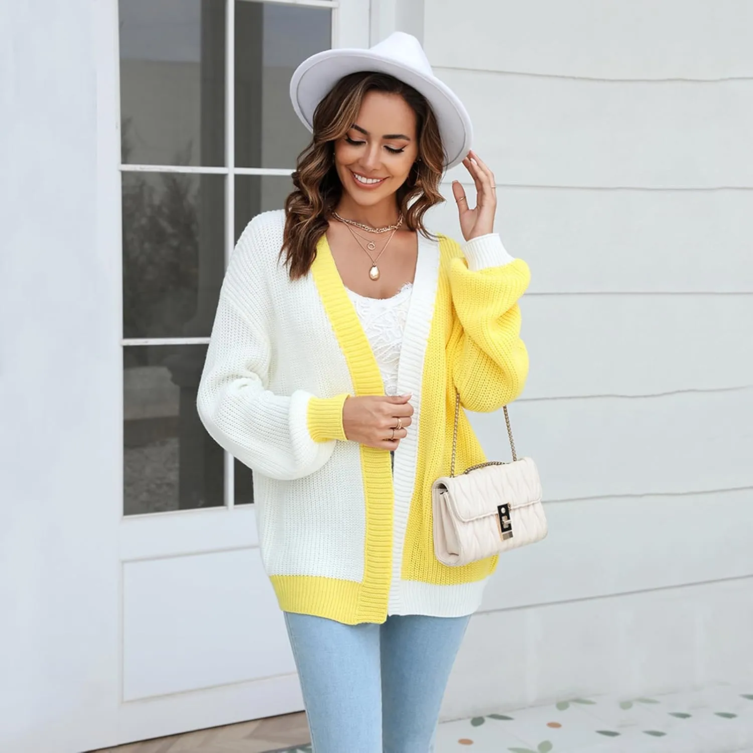Fall Women's Cardigans Sweater Long Sleeve Cable Knitted Color Block Sweater Cardigans for Women with Pockets