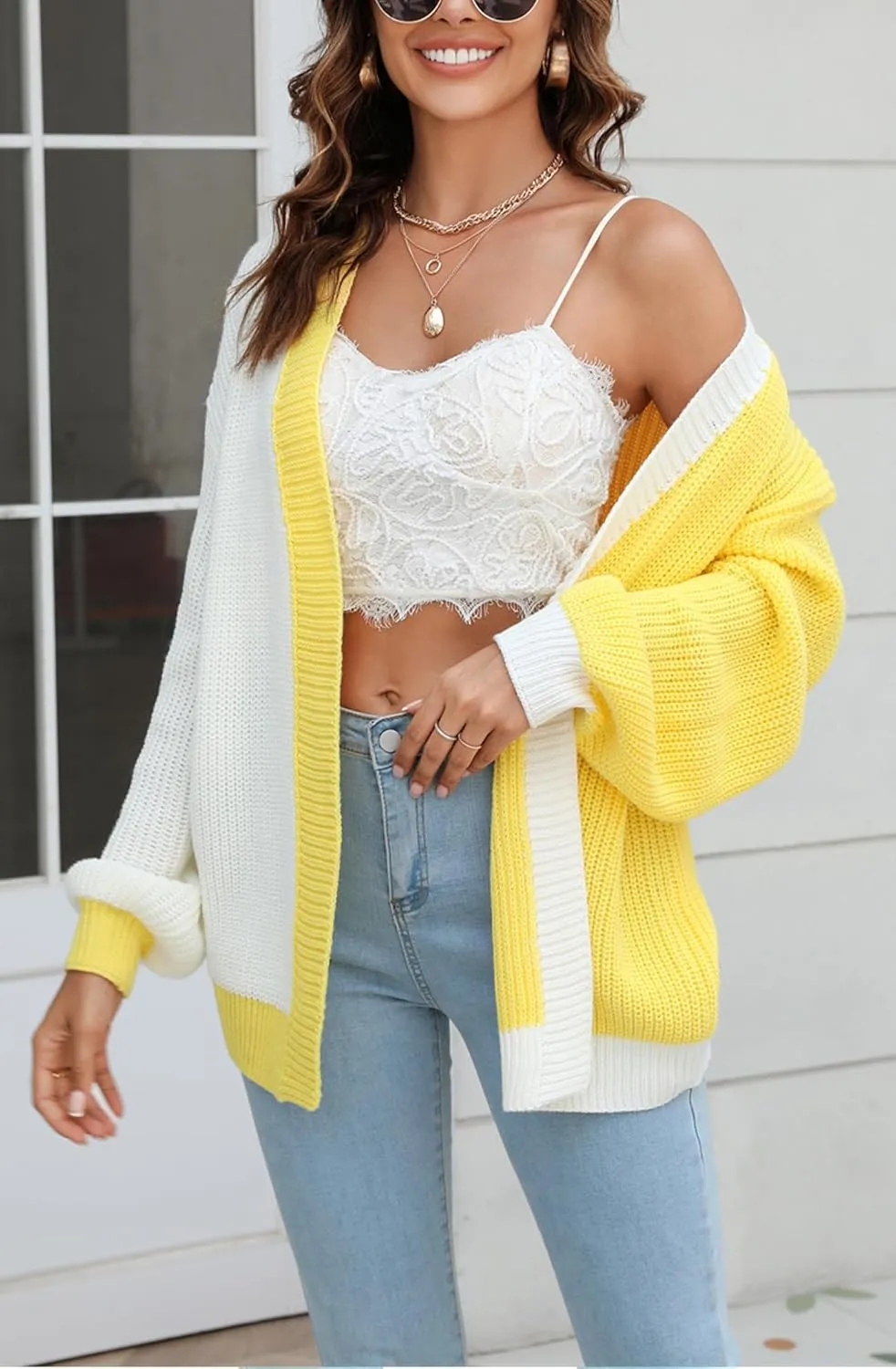 Fall Women's Cardigans Sweater Long Sleeve Cable Knitted Color Block Sweater Cardigans for Women with Pockets