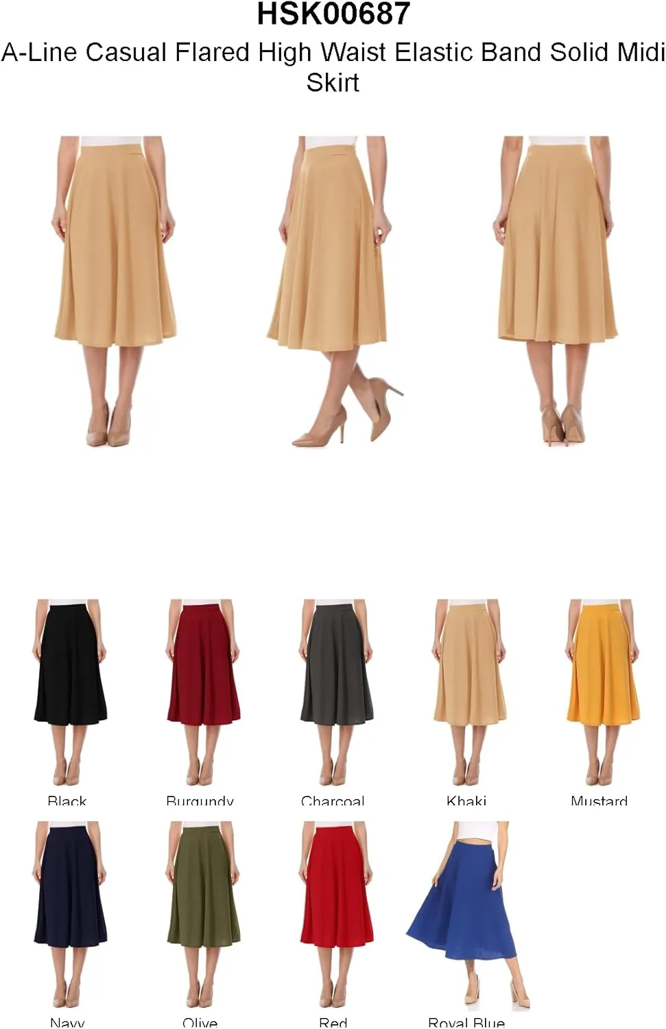 FashionJOA Women's Casual High Waist A-Line Midi Skirt for Work and Everyday Wear
