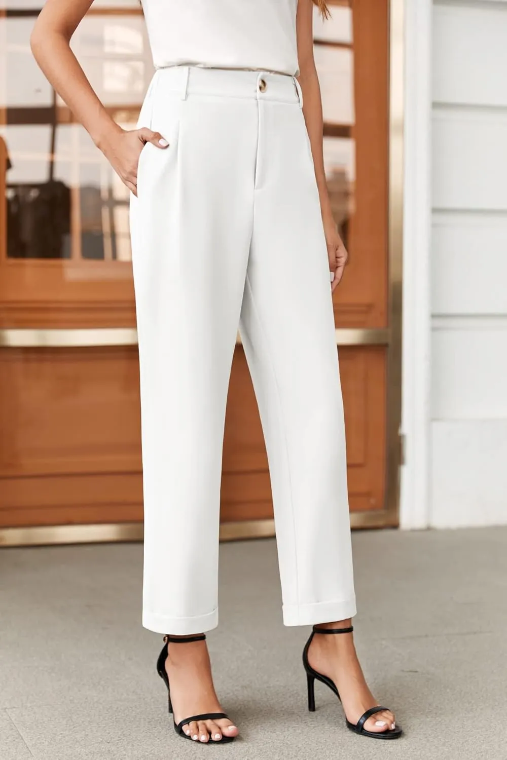 Febriajuce Women's High Elastic Waisted Dress Pants Button Down Pleated Work Pants Straight Leg Ankle Pants Office Trousers
