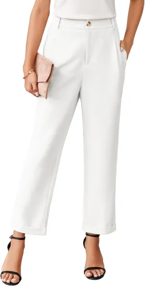 Febriajuce Women's High Elastic Waisted Dress Pants Button Down Pleated Work Pants Straight Leg Ankle Pants Office Trousers