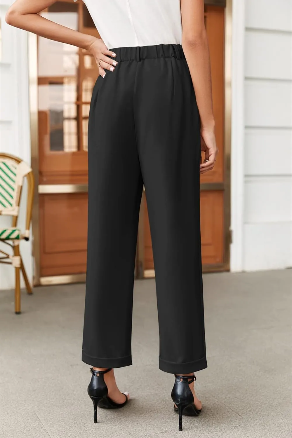 Febriajuce Women's High Elastic Waisted Dress Pants Button Down Pleated Work Pants Straight Leg Ankle Pants Office Trousers