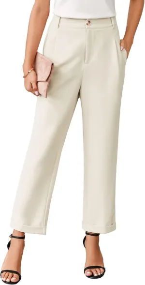 Febriajuce Women's High Elastic Waisted Dress Pants Button Down Pleated Work Pants Straight Leg Ankle Pants Office Trousers