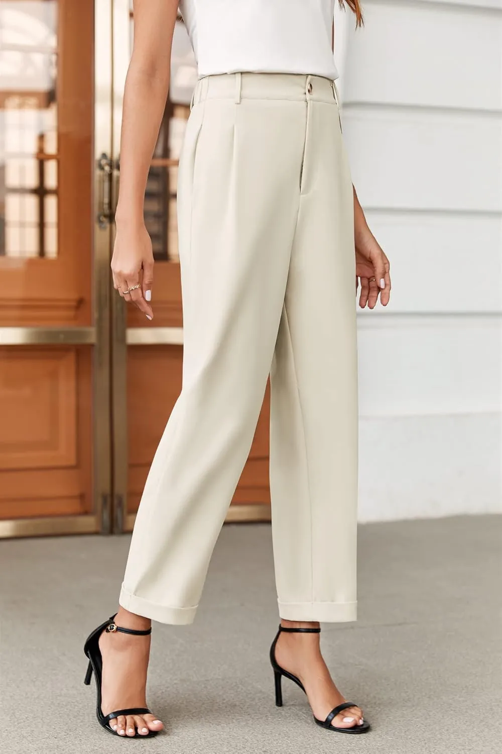 Febriajuce Women's High Elastic Waisted Dress Pants Button Down Pleated Work Pants Straight Leg Ankle Pants Office Trousers