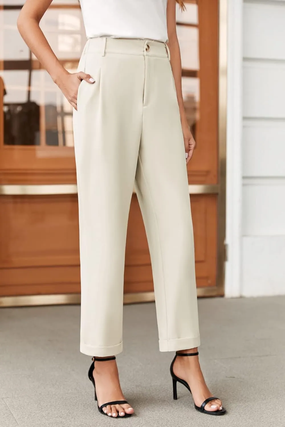 Febriajuce Women's High Elastic Waisted Dress Pants Button Down Pleated Work Pants Straight Leg Ankle Pants Office Trousers