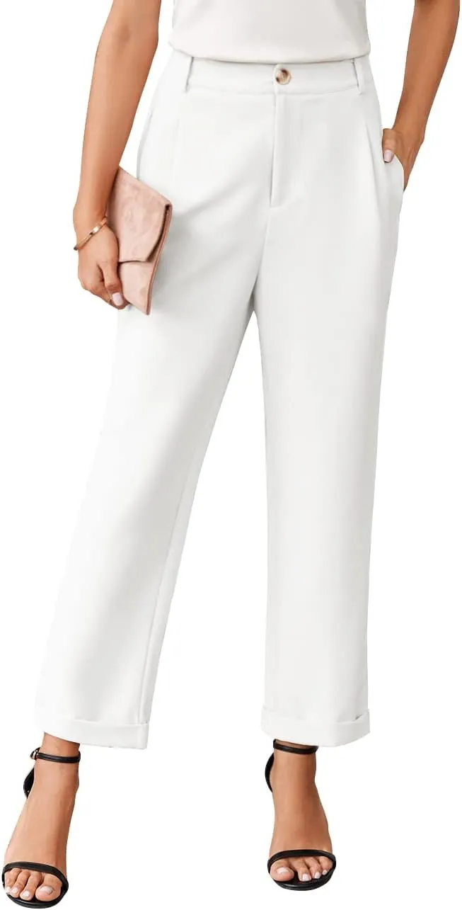 Febriajuce Women's High Elastic Waisted Dress Pants Button Down Pleated Work Pants Straight Leg Ankle Pants Office Trousers