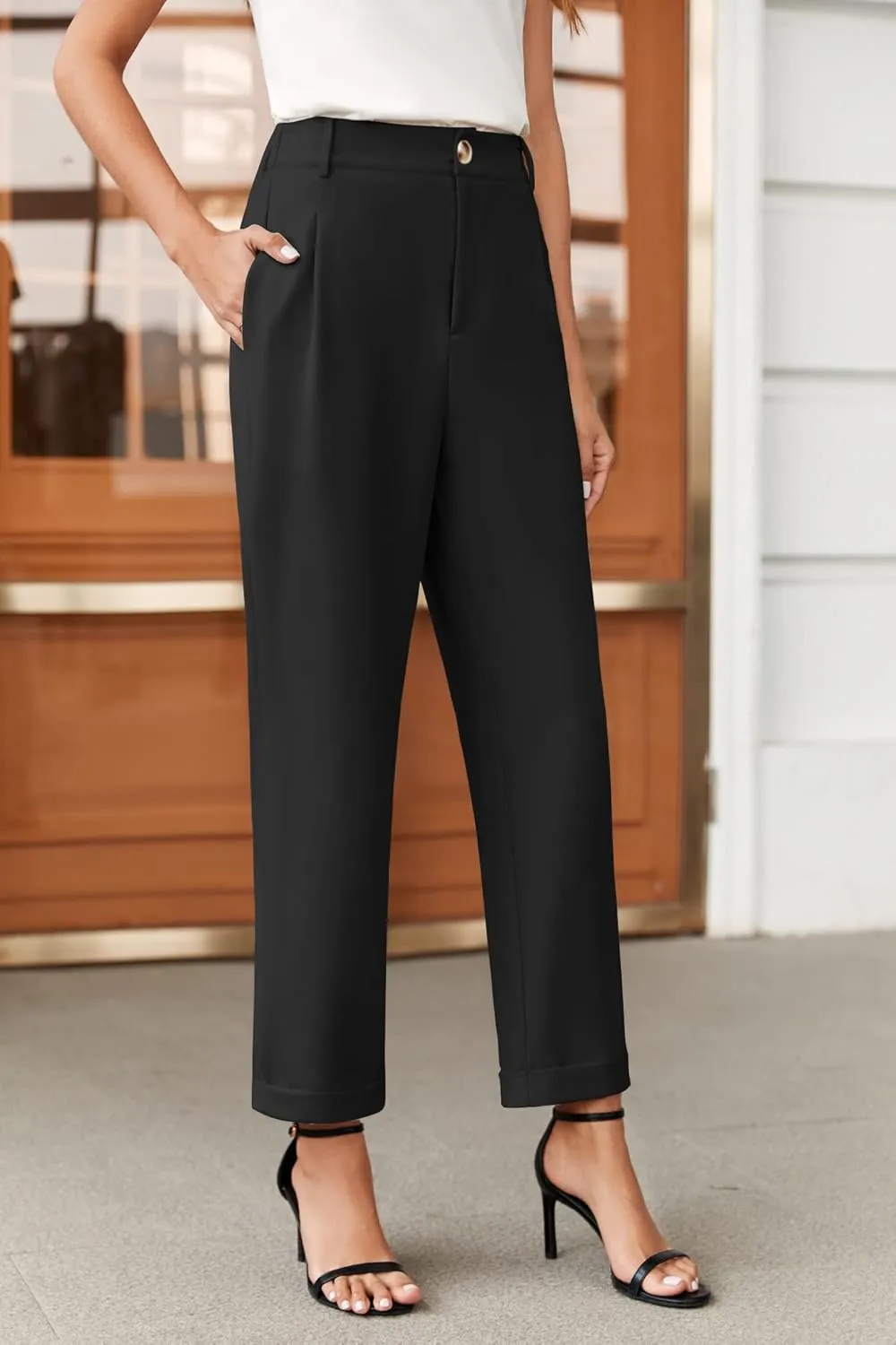 Febriajuce Women's High Elastic Waisted Dress Pants Button Down Pleated Work Pants Straight Leg Ankle Pants Office Trousers