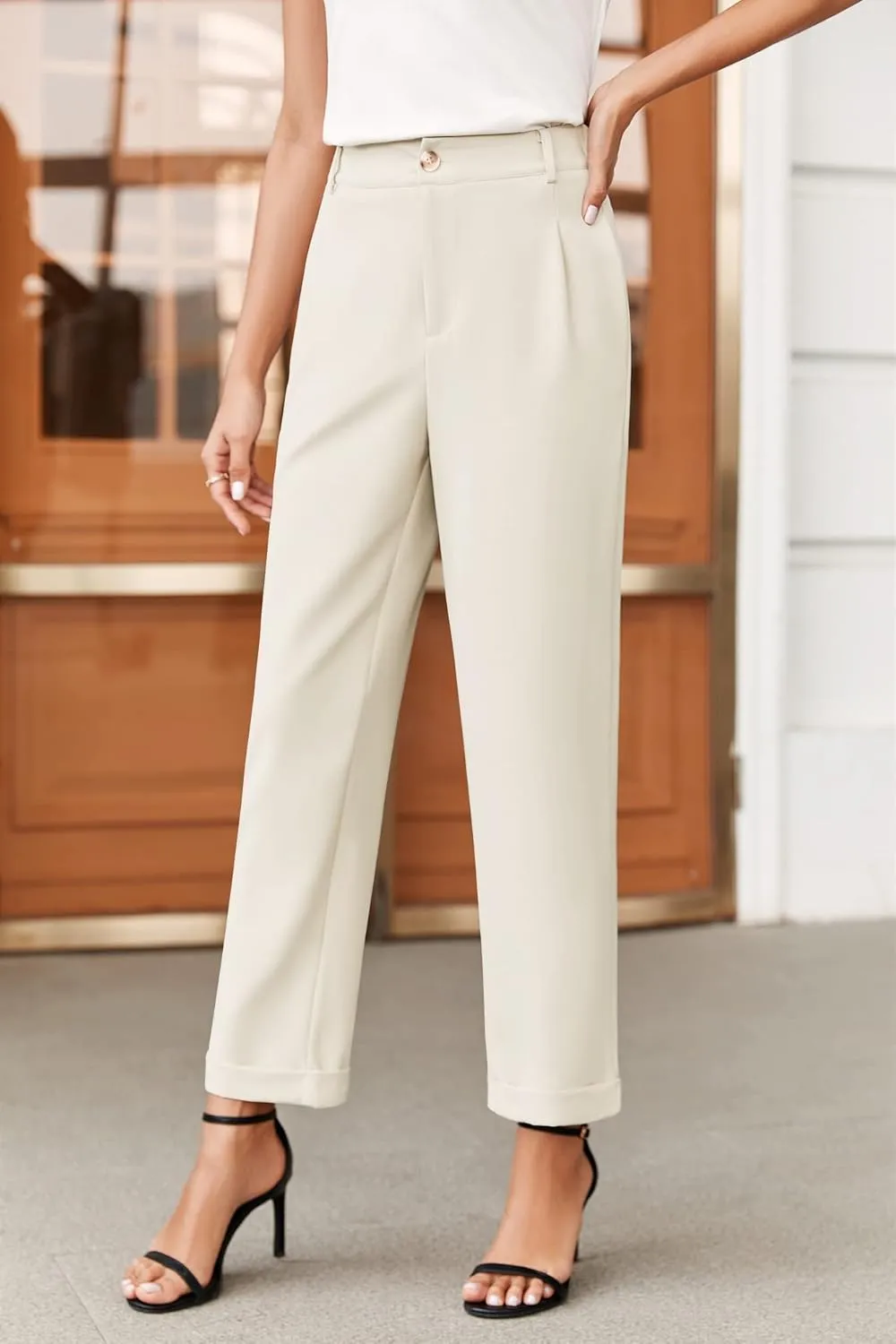 Febriajuce Women's High Elastic Waisted Dress Pants Button Down Pleated Work Pants Straight Leg Ankle Pants Office Trousers