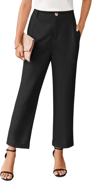 Febriajuce Women's High Elastic Waisted Dress Pants Button Down Pleated Work Pants Straight Leg Ankle Pants Office Trousers