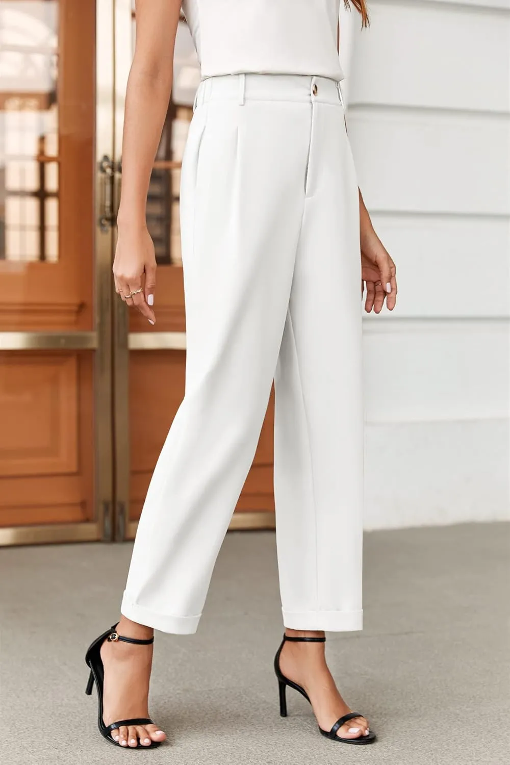 Febriajuce Women's High Elastic Waisted Dress Pants Button Down Pleated Work Pants Straight Leg Ankle Pants Office Trousers