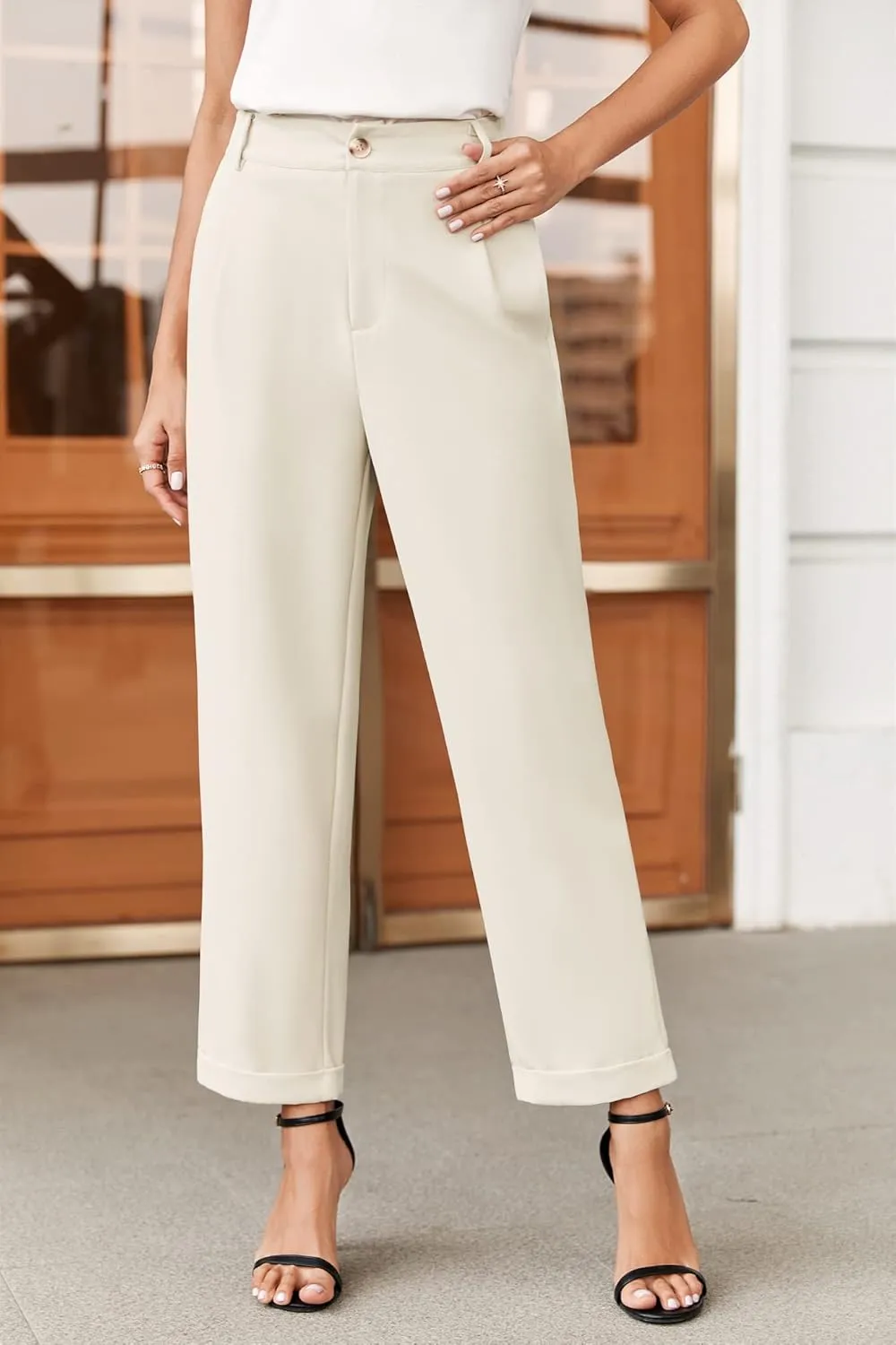Febriajuce Women's High Elastic Waisted Dress Pants Button Down Pleated Work Pants Straight Leg Ankle Pants Office Trousers