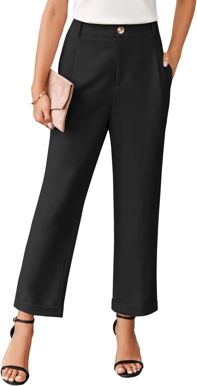 Febriajuce Women's High Elastic Waisted Dress Pants Button Down Pleated Work Pants Straight Leg Ankle Pants Office Trousers