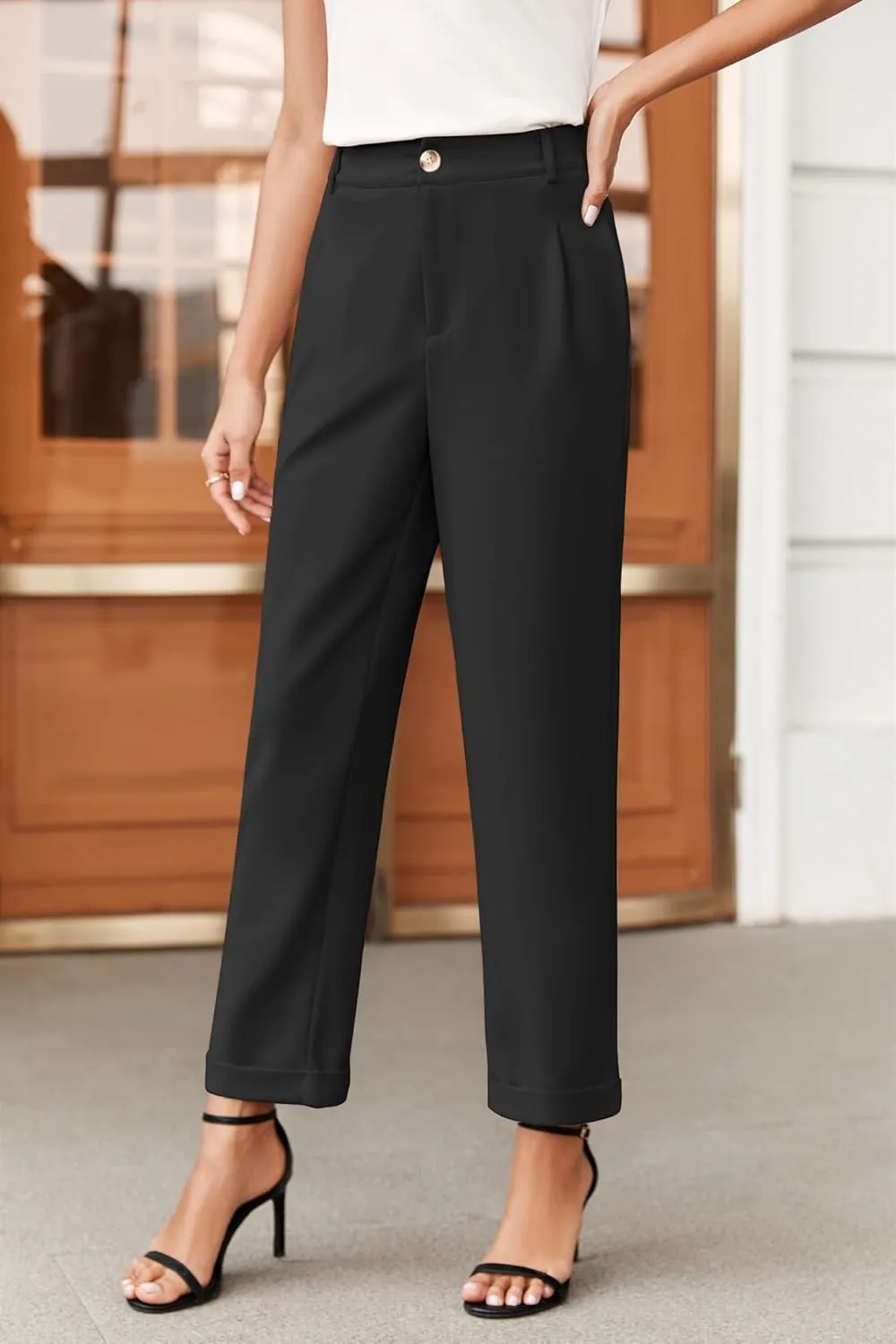 Febriajuce Women's High Elastic Waisted Dress Pants Button Down Pleated Work Pants Straight Leg Ankle Pants Office Trousers