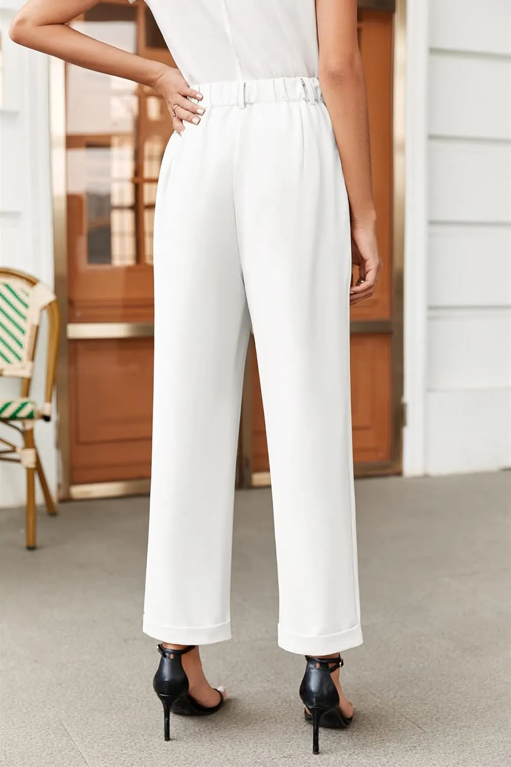 Febriajuce Women's High Elastic Waisted Dress Pants Button Down Pleated Work Pants Straight Leg Ankle Pants Office Trousers