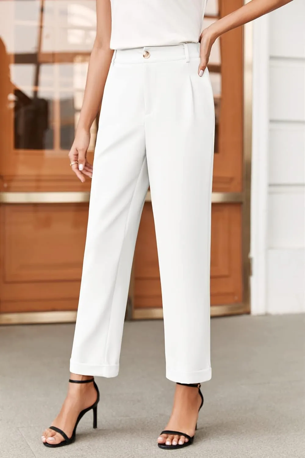 Febriajuce Women's High Elastic Waisted Dress Pants Button Down Pleated Work Pants Straight Leg Ankle Pants Office Trousers