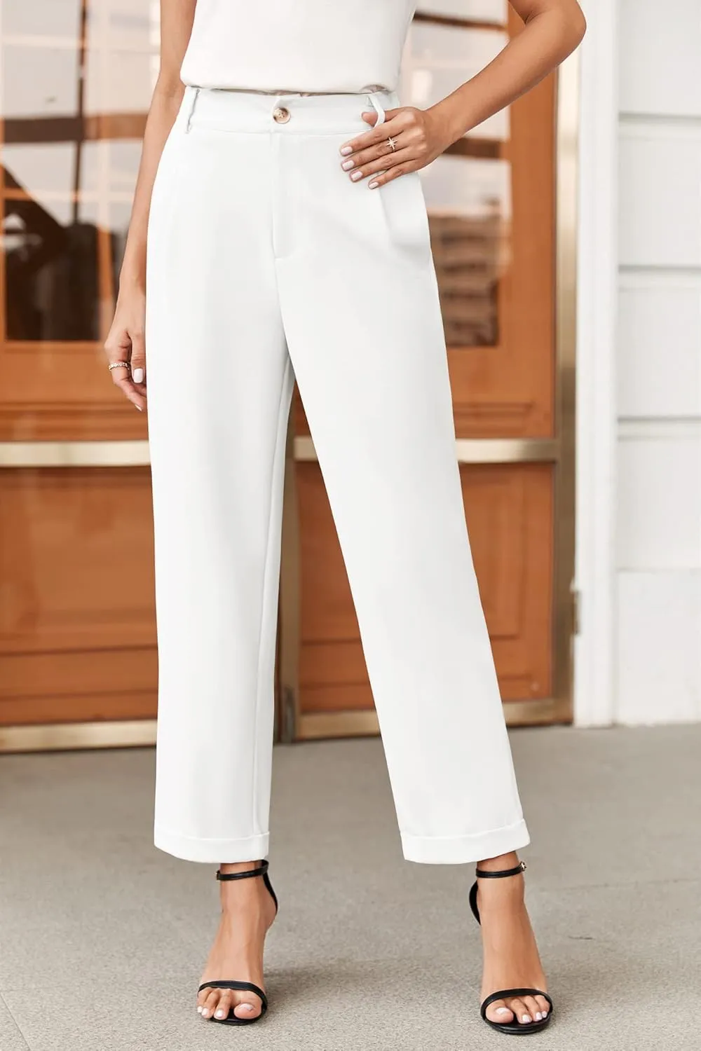 Febriajuce Women's High Elastic Waisted Dress Pants Button Down Pleated Work Pants Straight Leg Ankle Pants Office Trousers