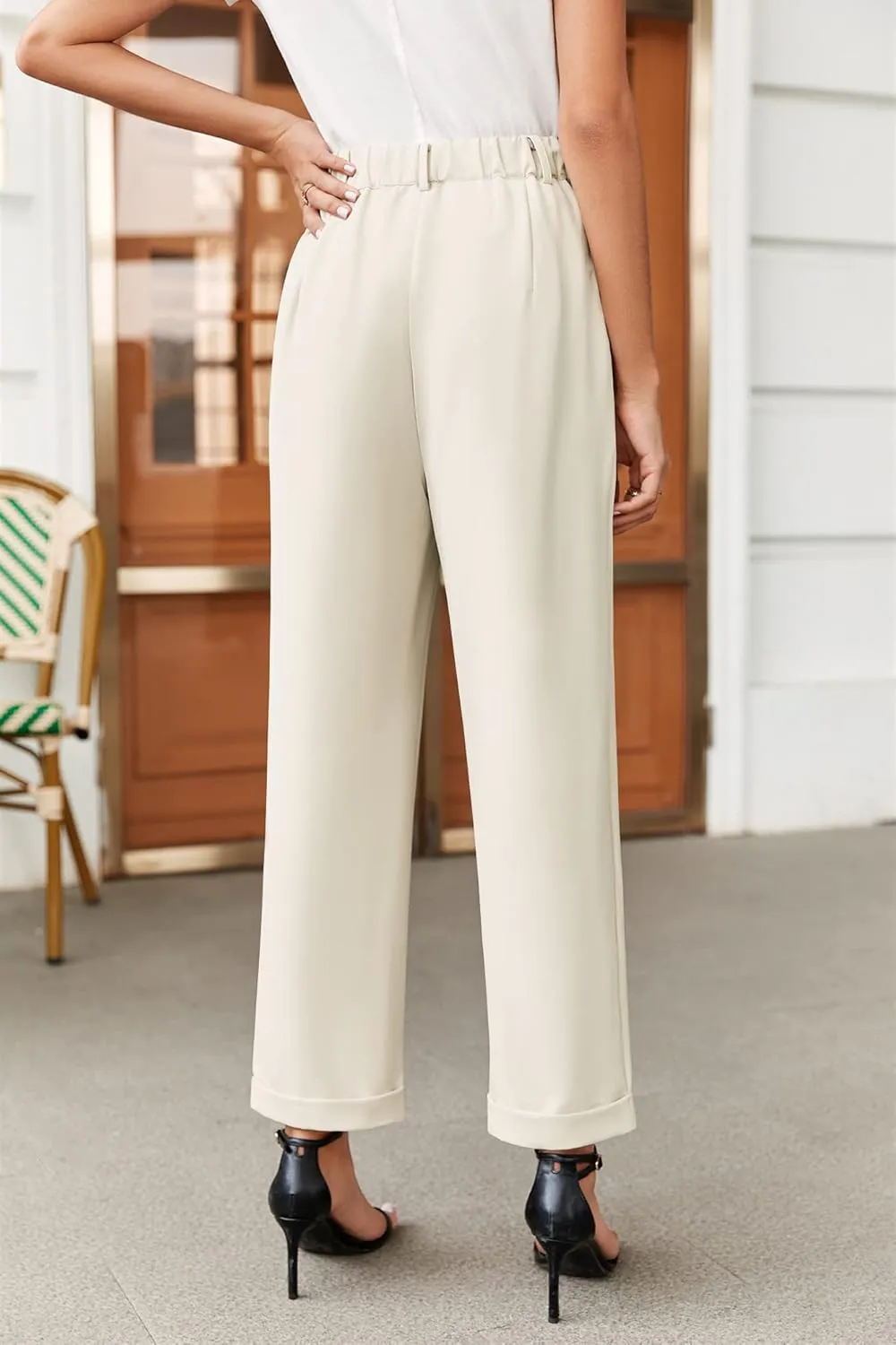 Febriajuce Women's High Elastic Waisted Dress Pants Button Down Pleated Work Pants Straight Leg Ankle Pants Office Trousers
