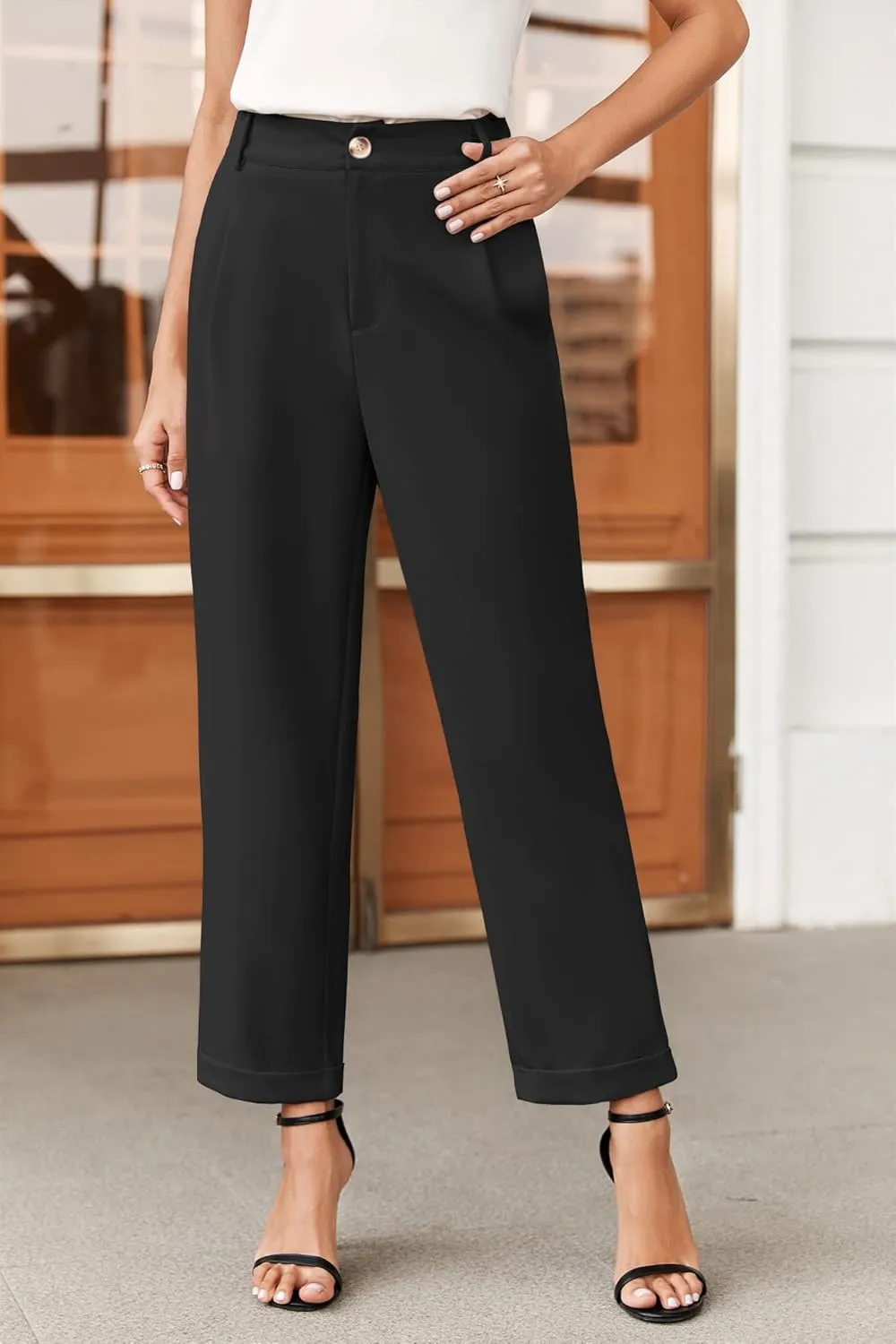 Febriajuce Women's High Elastic Waisted Dress Pants Button Down Pleated Work Pants Straight Leg Ankle Pants Office Trousers
