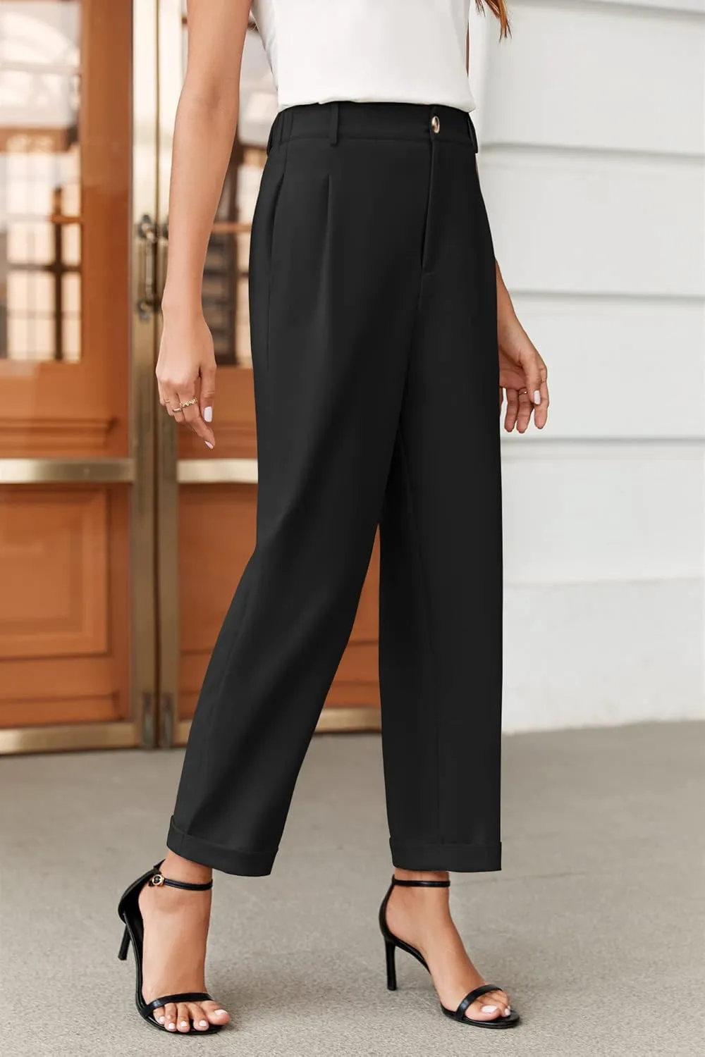Febriajuce Women's High Elastic Waisted Dress Pants Button Down Pleated Work Pants Straight Leg Ankle Pants Office Trousers