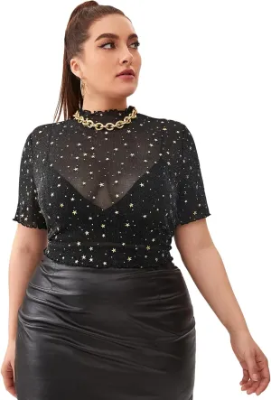 Floerns Women's Plus Size Short Sleeve Sheer Mesh Tops T Shirt Blouse