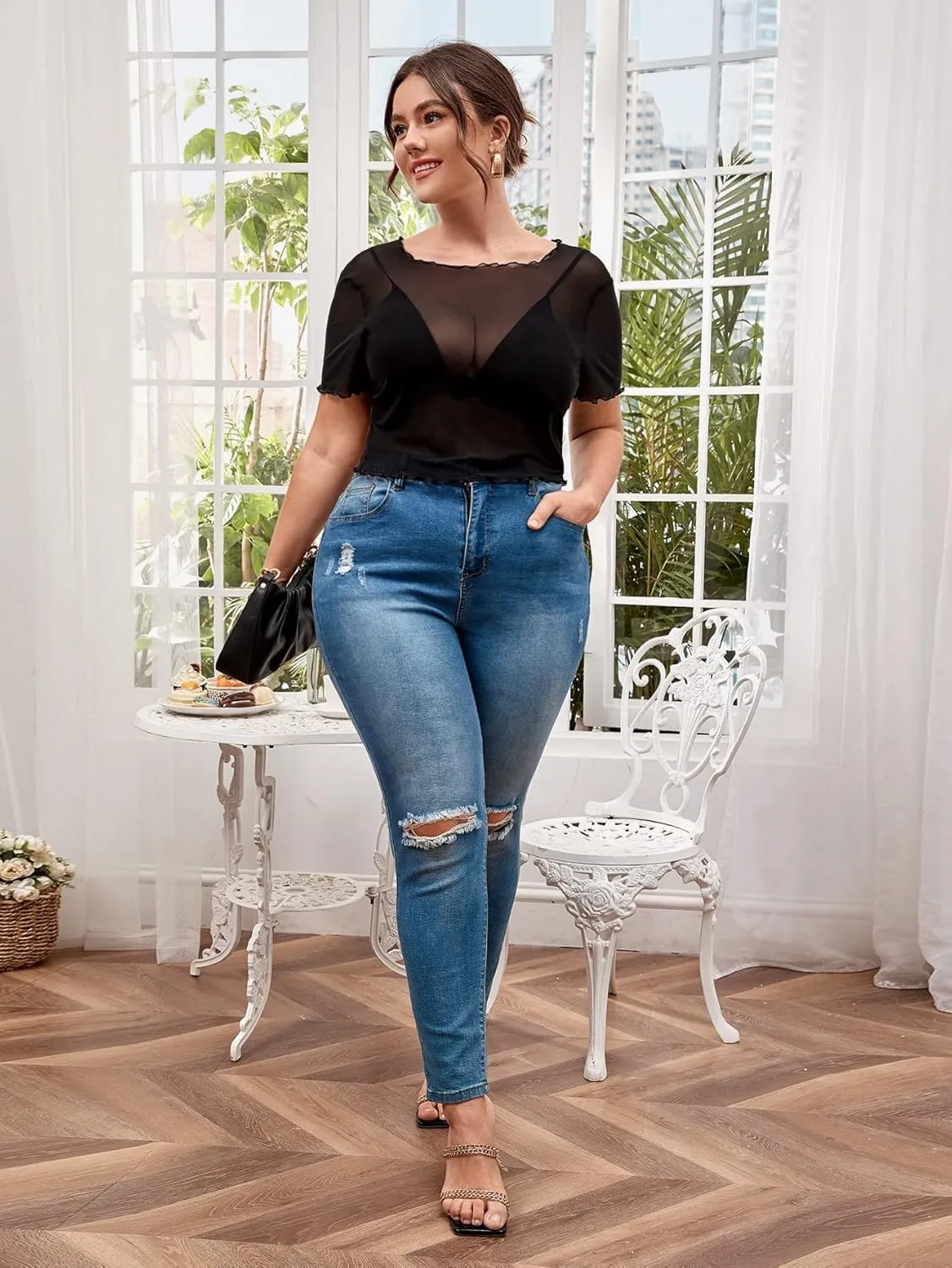 Floerns Women's Plus Size Short Sleeve Sheer Mesh Tops T Shirt Blouse
