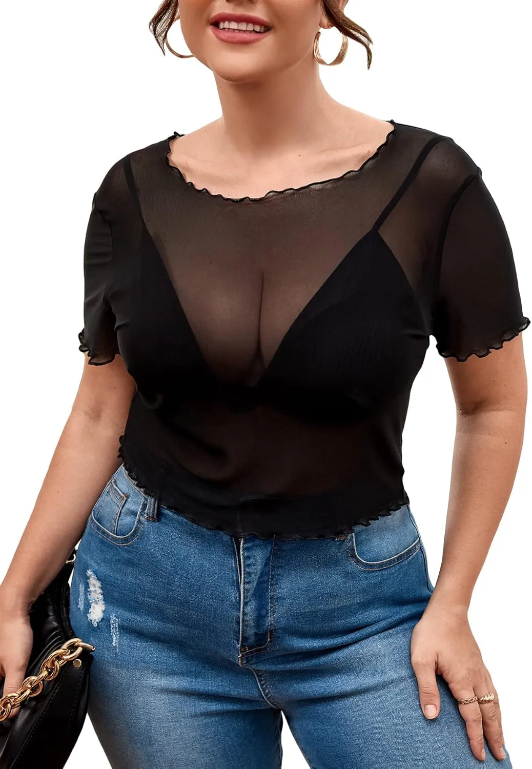 Floerns Women's Plus Size Short Sleeve Sheer Mesh Tops T Shirt Blouse