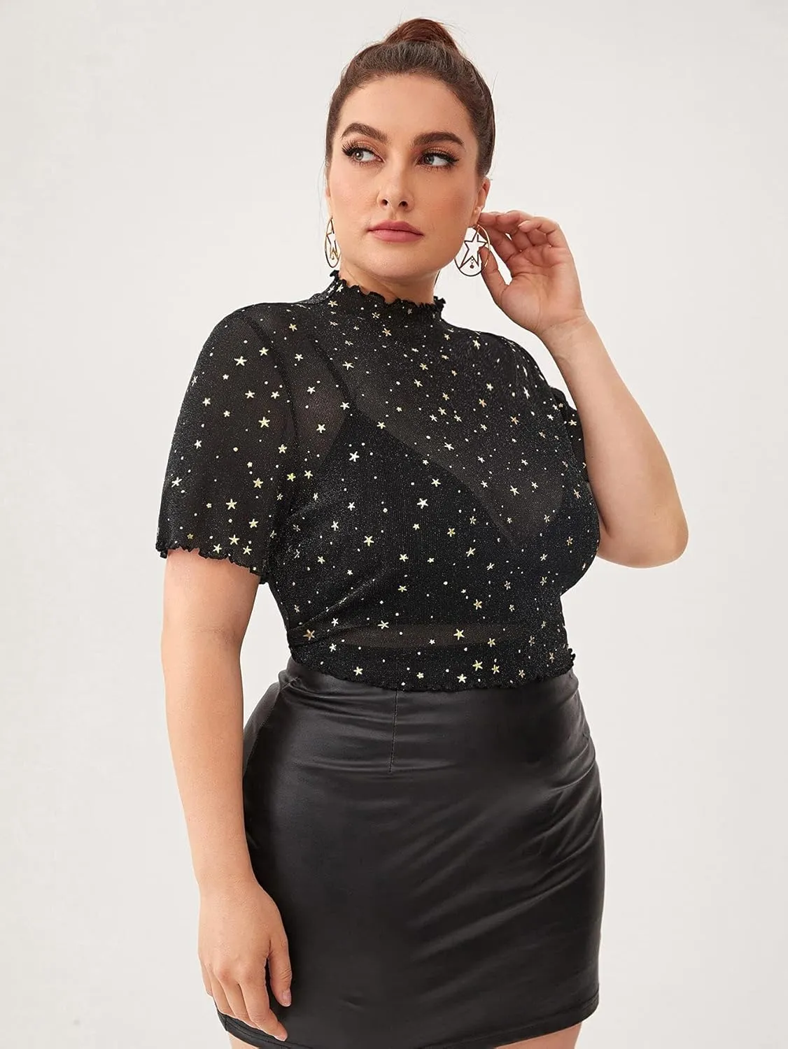 Floerns Women's Plus Size Short Sleeve Sheer Mesh Tops T Shirt Blouse