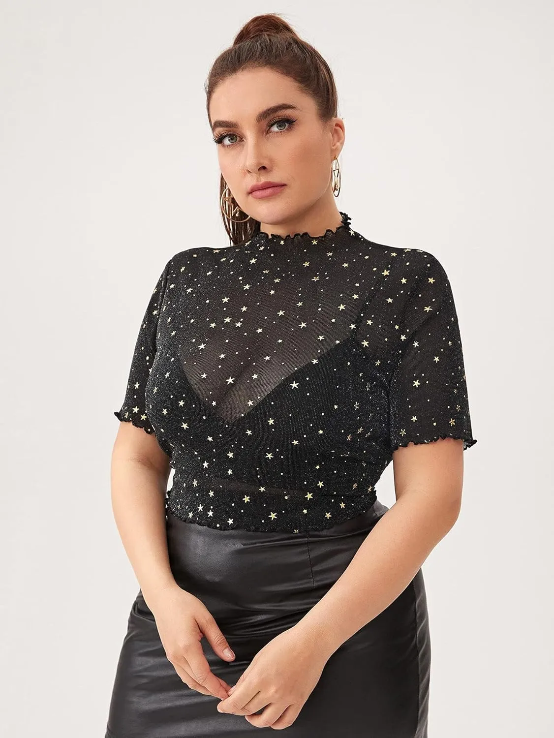 Floerns Women's Plus Size Short Sleeve Sheer Mesh Tops T Shirt Blouse