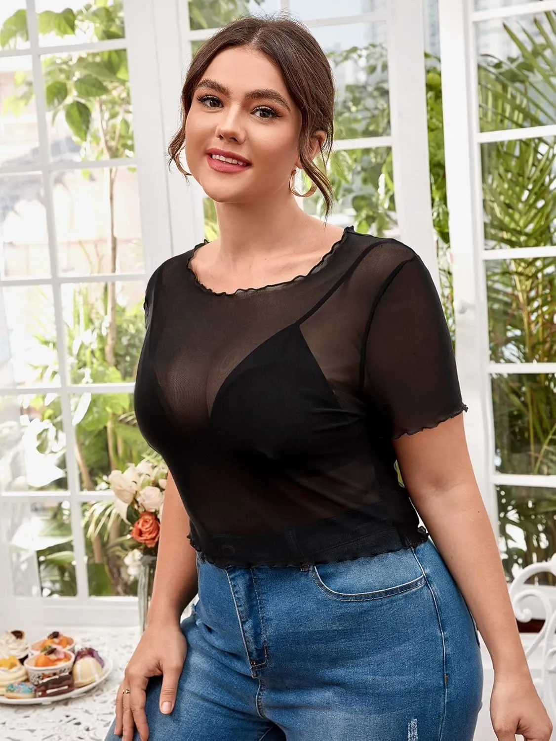 Floerns Women's Plus Size Short Sleeve Sheer Mesh Tops T Shirt Blouse