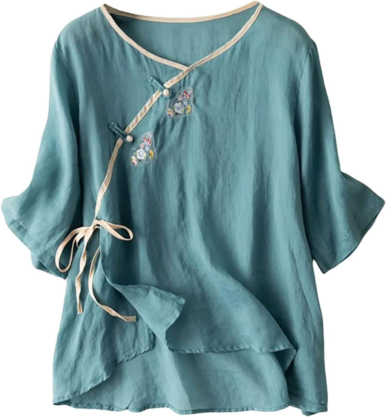 Floral Cotton Linen Retro Chinese Frog Button Blouses for Women Qipao Shirts 3/4 Sleeve Side Slit Jacquard Tops