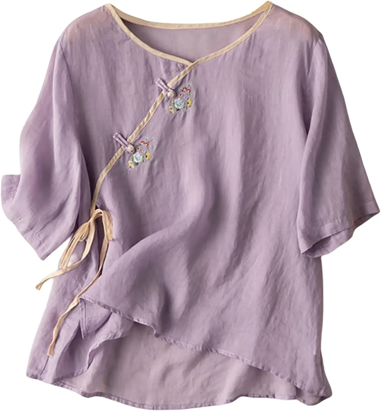 Floral Cotton Linen Retro Chinese Frog Button Blouses for Women Qipao Shirts 3/4 Sleeve Side Slit Jacquard Tops