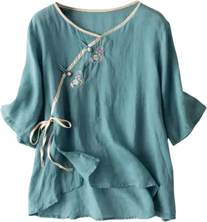 Floral Cotton Linen Retro Chinese Frog Button Blouses for Women Qipao Shirts 3/4 Sleeve Side Slit Jacquard Tops