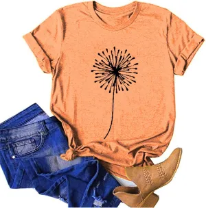 FONMA Casual Tops for Women 2025 Summer Dandelion Printed Crew Neck Short Sleeve Shirt Loose Daily Workout Blouse