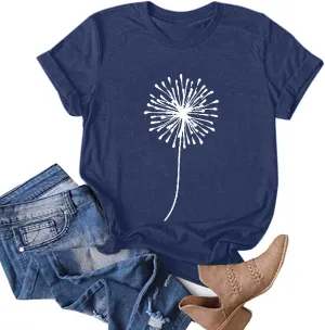 FONMA Casual Tops for Women 2025 Summer Dandelion Printed Crew Neck Short Sleeve Shirt Loose Daily Workout Blouse